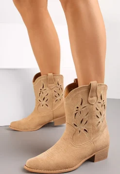 Beżowe Botki Kowbojki z Denimowego Materiału z Ozdobnymi Kwiatami Wispria