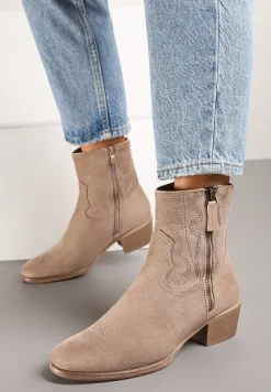 Beżowe Botki Kowbojki z Delikatnym Haftem na Słupku Malwida