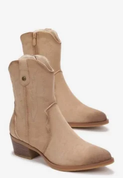 Beżowe Botki Kowbojki z Delikatnym Haftem Pionne