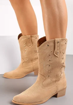 Beżowe Botki Kowbojki z Wkładką ze Skóry Naturalnej i Ozdobnymi Nitami Tirina
