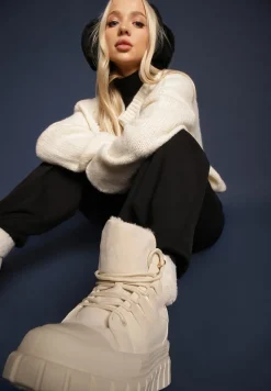 Beżowe Botki na Grubej Podeszwie z Futerkiem Nemda