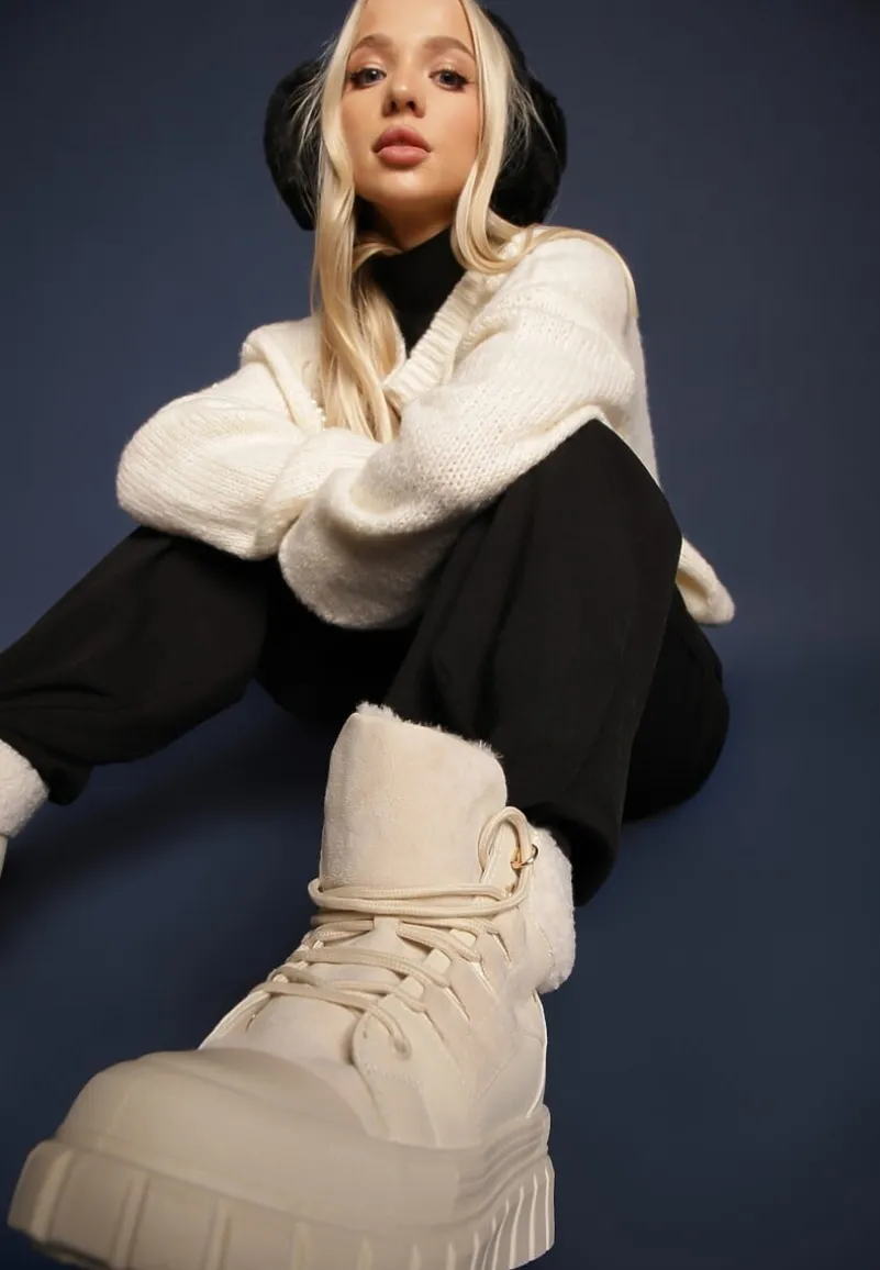 Beżowe Botki na Grubej Podeszwie z Futerkiem Nemda