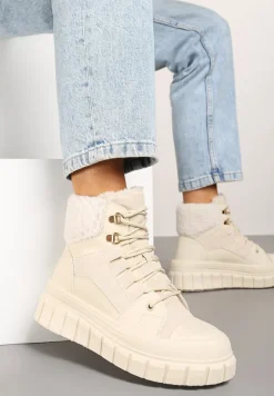Beżowe Botki na Grubej Podeszwie z Futerkiem Nemda