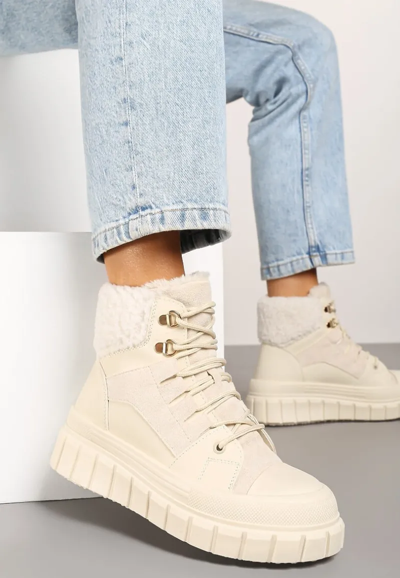 Beżowe Botki na Grubej Podeszwie z Futerkiem Nemda