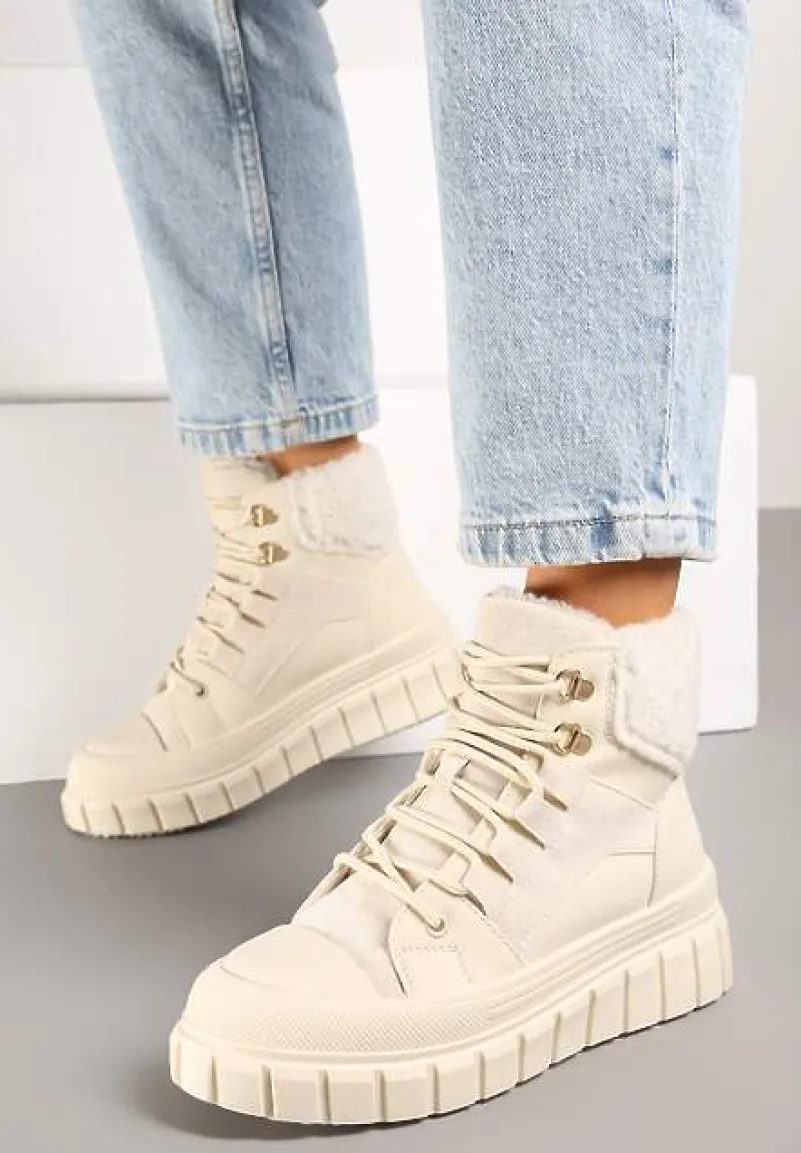 Beżowe Botki na Grubej Podeszwie z Futerkiem Nemda