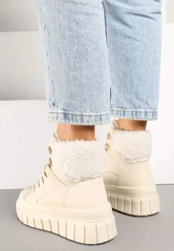 Beżowe Botki na Grubej Podeszwie z Futerkiem Nemda