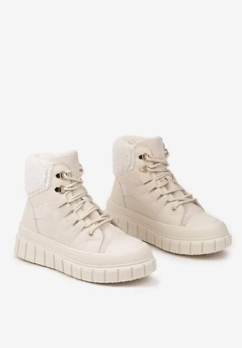 Beżowe Botki na Grubej Podeszwie z Futerkiem Nemda