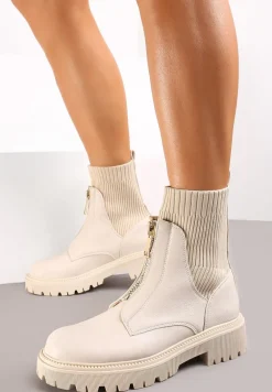 Beżowe Botki na Grubszej Podeszwie ze Skarpetkową Cholewką i Suwakiem Allens