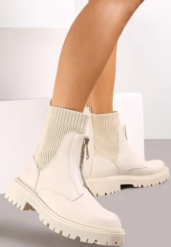 Beżowe Botki na Grubszej Podeszwie ze Skarpetkową Cholewką i Suwakiem Allens