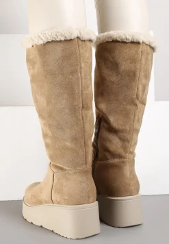 Beżowe Botki na Koturnie Ozdobione Barankiem i Wywiniętą Cholewką Irissinae