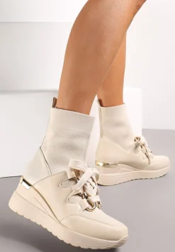 Beżowe Botki na Koturnie z Elastyczną Cholewką Tinesa