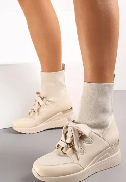Beżowe Botki na Koturnie z Elastyczną Cholewką Tinesa
