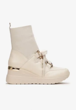 Beżowe Botki na Koturnie z Elastyczną Cholewką Tinesa