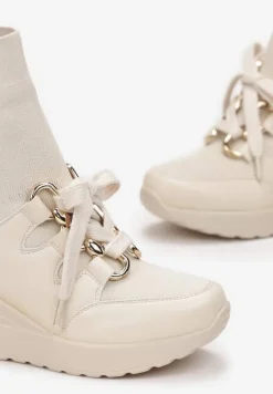 Beżowe Botki na Koturnie z Elastyczną Cholewką Tinesa