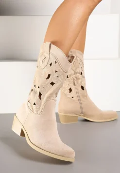 Beżowe Botki na Obcasie Typu Kowbojki z Cholewką Zdobioną Ażurowymi Wycięciami Felithiel