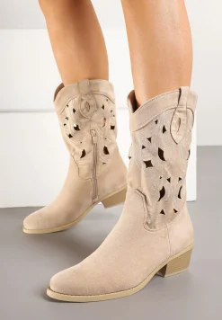 Beżowe Botki na Obcasie Typu Kowbojki z Cholewką Zdobioną Ażurowymi Wycięciami Felithiel