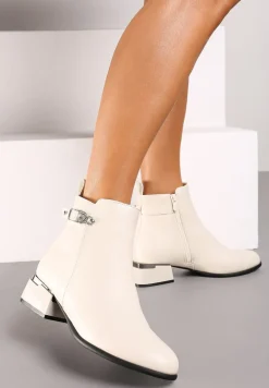 Beżowe Botki na Obcasie w Stylu Sztybletów Ozdobione Metalicznymi Aplikacjami Arhella