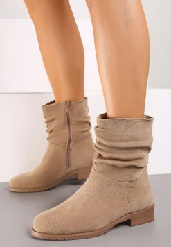 Beżowe Botki na Płaskiej Podeszwie Ozdobione Marszczoną Cholewką Lerisana