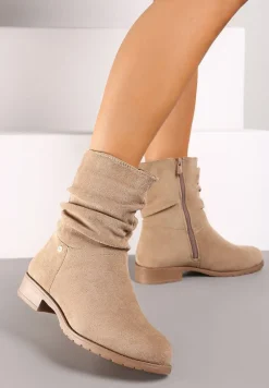 Beżowe Botki na Płaskiej Podeszwie Ozdobione Marszczoną Cholewką Lerisana