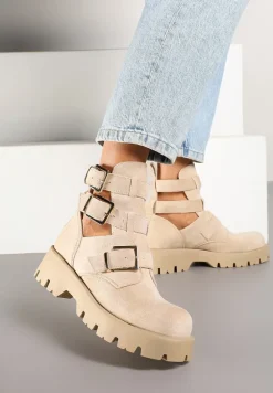 Beżowe Botki na Platformie Ozdobione Wycięciami i Klamrami Galvila