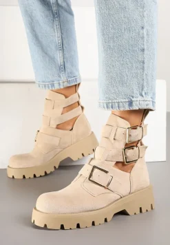 Beżowe Botki na Platformie Ozdobione Wycięciami i Klamrami Galvila