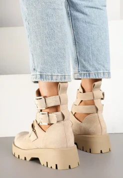 Beżowe Botki na Platformie Ozdobione Wycięciami i Klamrami Galvila