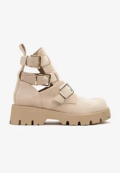 Beżowe Botki na Platformie Ozdobione Wycięciami i Klamrami Galvila