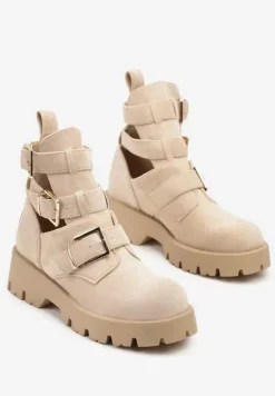 Beżowe Botki na Platformie Ozdobione Wycięciami i Klamrami Galvila