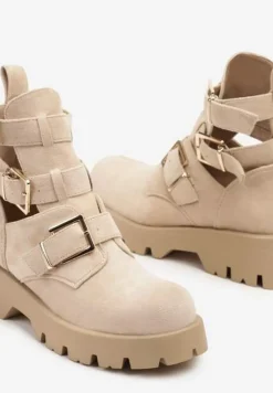 Beżowe Botki na Platformie Ozdobione Wycięciami i Klamrami Galvila