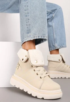 Beżowe Botki na Platformie ze Sznurowaniem Ozdobione Futerkiem w Stylu Baranka Elabrine