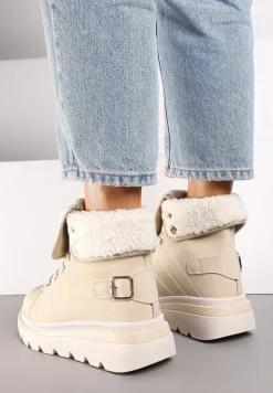 Beżowe Botki na Platformie ze Sznurowaniem Ozdobione Futerkiem w Stylu Baranka Elabrine