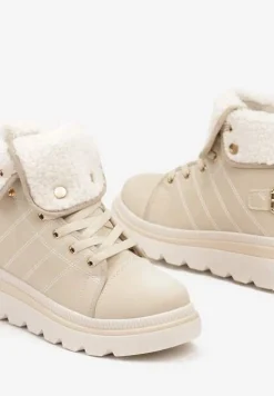 Beżowe Botki na Platformie ze Sznurowaniem Ozdobione Futerkiem w Stylu Baranka Elabrine