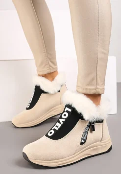 Beżowe Botki na Platformie z Napisem i Futerkiem Relabria