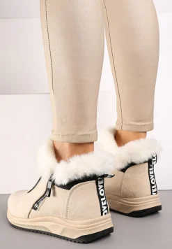 Beżowe Botki na Platformie z Napisem i Futerkiem Relabria