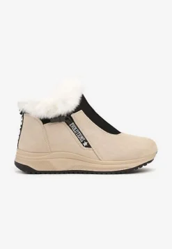 Beżowe Botki na Platformie z Napisem i Futerkiem Relabria