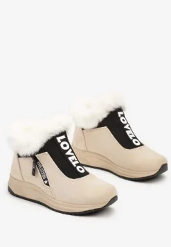 Beżowe Botki na Platformie z Napisem i Futerkiem Relabria