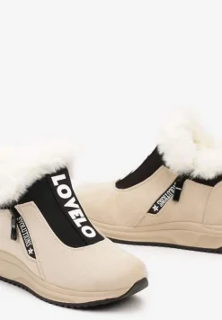 Beżowe Botki na Platformie z Napisem i Futerkiem Relabria