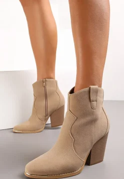 Beżowe Botki na Stożkowym Obcasie w Stylu Kowbojek Ellite