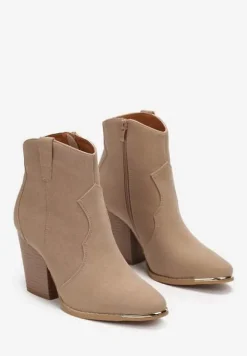 Beżowe Botki na Stożkowym Obcasie w Stylu Kowbojek Ellite