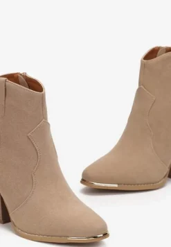 Beżowe Botki na Stożkowym Obcasie w Stylu Kowbojek Ellite