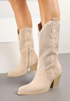 Beżowe Botki na Stożku Kowbojki z Ażurową Cholewką Feliraen