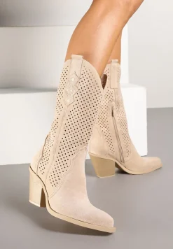 Beżowe Botki na Stożku Kowbojki z Ażurową Cholewką Feliraen