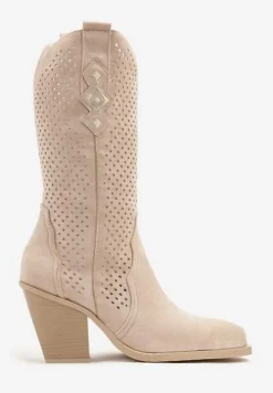 Beżowe Botki na Stożku Kowbojki z Ażurową Cholewką Feliraen