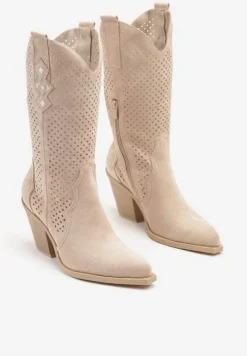 Beżowe Botki na Stożku Kowbojki z Ażurową Cholewką Feliraen