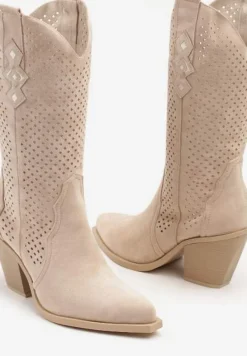 Beżowe Botki na Stożku Kowbojki z Ażurową Cholewką Feliraen