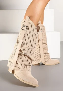 Beżowe Botki na Stożku w Stylu Kowbojek z Wywiniętą Cholewką Sinala