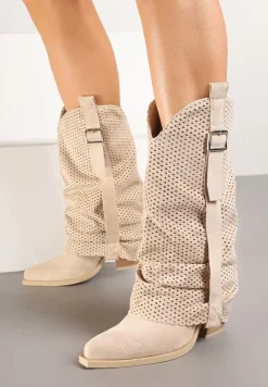 Beżowe Botki na Stożku w Stylu Kowbojek z Wywiniętą Cholewką Sinala