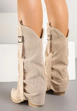 Beżowe Botki na Stożku w Stylu Kowbojek z Wywiniętą Cholewką Sinala