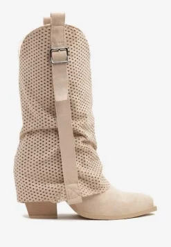 Beżowe Botki na Stożku w Stylu Kowbojek z Wywiniętą Cholewką Sinala