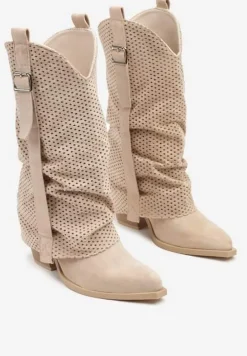 Beżowe Botki na Stożku w Stylu Kowbojek z Wywiniętą Cholewką Sinala